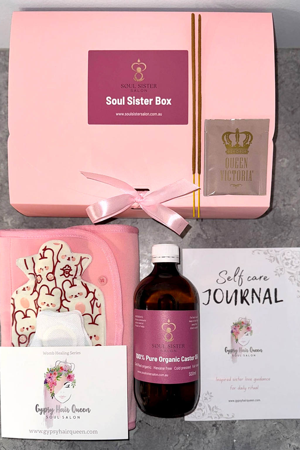 Soul SIster Box - Castor Oil Australia - Soul Sister Salon Reconnect with your cycle, your body, and your power with the Soul Sister Box – a beautifully curated castor oil self-care ritual designed to support womb healing, hormonal balance, and emotional reset. Whether you're managing period pain, exploring fertility support, addressing PCOS or endometriosis symptoms, or simply craving a deeper sense of feminine wellness, this gentle yet powerful ritual kit brings ancient wisdom to modern-day self-care.