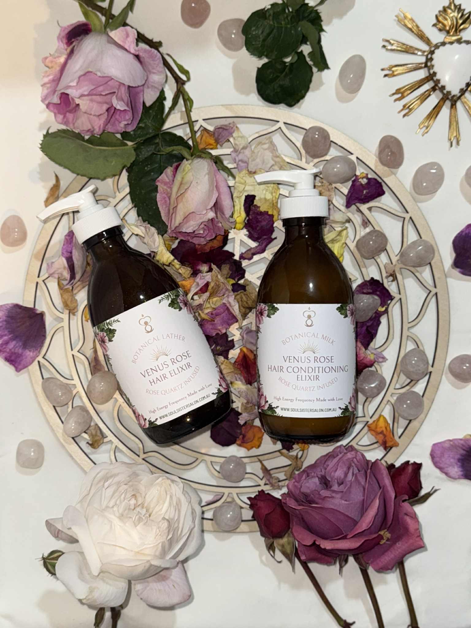 01bfdba7-6050-4b4c-a847-59808151243b Shampoo and hydrating Conditioner range. A high vibration, high energy shampoo and conditioner made with Ayurvedic herbal extracts and Rose quartz gem elixir and essential oils of Rose, Ylang Ylang and Rose geranium.