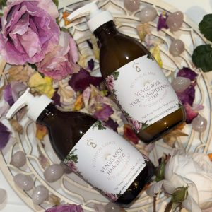 Shampoo and hydrating Conditioner range. A high vibration, high energy shampoo and conditioner made with Ayurvedic herbal extracts and Rose quartz gem elixir and essential oils of Rose, Ylang Ylang and Rose geranium.